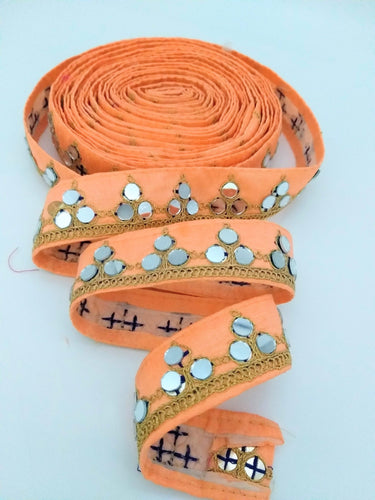 Peach Silk Trim With Mirrors Embellishments and Gold Embroidery, Approx. 34mm Wide, Decorative Trim Costume Trim Fashion Trim By Yard